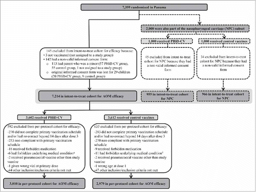 Figure 1. Trial profile for children included in the analysis of acute otitis media (AOM) and nasopharyngeal carriage (NPC). Footnote: Elimination criteria shown for one reason only although more than one reason for elimination could apply per child. For children part of the carriage subset, both efficacy against AOM and impact on nasopharyngeal carriage were assessed. Note that overall, 142 children were excluded from the intent-to-treat cohort due to non-valid informed consent forms, among them; the 79 children excluded also from the NPC intent-to-treat cohort. a Forbidden underlying medical conditions included, but were not limited to: major congenital defects or serious chronic illness, and confirmed or suspected immunosuppressive or immunodeficient condition. AOM, acute otitis media; NPC, nasopharyngeal carriage.