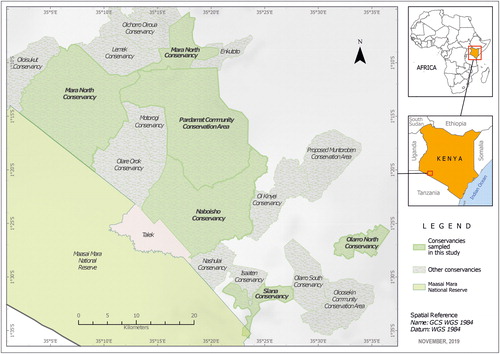 Figure 1 Map of the Maasai Mara National Reserve and surrounding nonstate conservancies. Conservancies sampled in this study are displayed in dark green. Cartographer: Michael Ogbe (Norwegian University of Science and Technology).