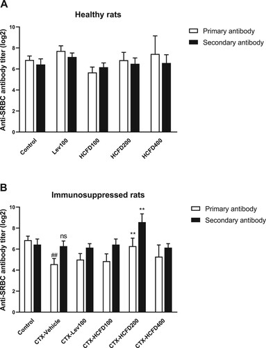 Figure 1. Effect of lyophilized HCFD on antibody production as presented by antibody titre of treated rats for 14 days with different doses of lyophilized HCFD on healthy (A) and immunosuppressed rats (B). Control group received normal saline 4 mL/kg, while CTX-Vehicle group received cyclophosphamide (100 mg/kg) alone. CTX-Lev100 group received CTX (100 mg/kg) and levamisole (100 mg/kg), whereas CTX-HCFD100, CTX-HCFD200 and CTX-HCFD400 received CTX (100 mg/kg) and lyophilized HCFD of 100, 200 and 400 mg/kg, respectively. Results were expressed in log-2 antibody titre of primary and secondary antibodies as mean ± SD from six rats each group. No significant difference (ns) and ##p < .01 significant difference were expressed when compared between control group and CTX-Vehicle. **p < .01 significant difference was expressed when compared with CTX-Vehicle. Statistical significance was determined using one-way ANOVA followed by Dunnett’s multiple comparisons test.