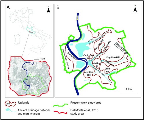 Figure 1. Geographical setting of the urban area of Rome. (A) Study area location and comparison between the urban area mapped in CitationDel Monte et al. (2016) and the present work study area; (B) Main topographical elements described in the text.