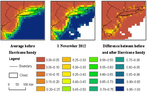 Figure 5. Water fraction maps before (left) and after (middle) Hurricane Sandy and their difference map (right).