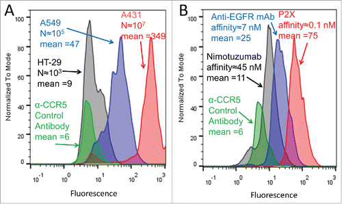 Figure 4. GMD-FACS signal as a function of antigen expression level and antibody affinity. (A) Yeast expressing anti-EGFR mAb were co-encapsulated with HT29 cells (low EGFR expression, black), A549 cells (moderate EGFR expression, blue), and A431 cells (high EGFR expression, red), respectively. Following an 18 hour mAb induction, staining with secondary antibody-PE conjugate, and FACS analysis, the fluorescence intensities (mean values provided) of the three GMD preparations correlated well with target cell EGFR expression level (approximate EGFR copy per cell provided as “N”). Yeast producing an anti-CCR5 antibody co-encapsulated with A431 cells (green) are shown as a negative control. (B) A431 cells, expressing high levels of EGFR, were co-encapsulated with yeast expressing anti-EGFR antibodies of different affinities: Nimotuzumab (low affinity, black), anti-EGFR mAb (moderate affinity, blue), and P2X (high affinity, red). Following a 12 hour mAb induction, staining with secondary antibody-PE conjugate, and FACS analysis, the fluorescence intensities of the three GMD preparations correlated well with antibody affinity to the EGFR target (approximate values provided in nM). Yeast producing an anti-CCR5 antibody (green) are shown as a negative control. Results are representative of two independent experiments.