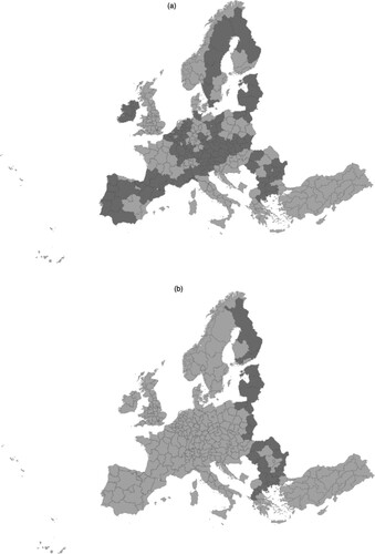 Figure 1. Internal border (a) and external border (b) European Union NUTS-2 regions.Note: Dark grey indicates the border regions.