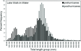Figure 2 Pooled largemouth bass length frequencies prehurricanes (1999–2004) and posthurricanes (2005–2009) used to evaluate changes in the largemouth bass population size distribution at Lake Walk-in-Water. Pooled length frequencies consist of 3796 largemouth bass prehurricanes and 4074 posthurricanes.