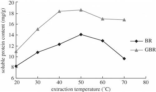 Figure 3 Relationship between extraction temperature and protein content Extraction conditions: time 2 h; solid:solvent ratio 1:9; and pH 8.5.