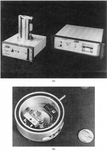 FIG. 43 QCM cascade impactor (Chuan 1976) [Reprinted from Fine Particles Aerosol Generation, Measurement, Sampling and Analysis, B. Liu, ed.; R. Chaun, Rapid Measurement of Particulate Size Distribution in the Atmosphere, 763–775, Copyright 1976, with permission from Elsevier]: (a) impactor (left) and data recorder (right) and (b) one stage with quartz crystal impaction plate in center.