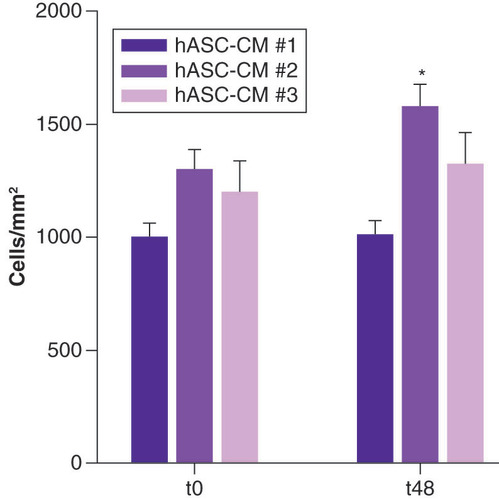 Figure 4. Evaluation of lymphatic endothelial cell density.hASC-CM: Human adipose-derived stem cell conditioned medium.*p < 0.05.
