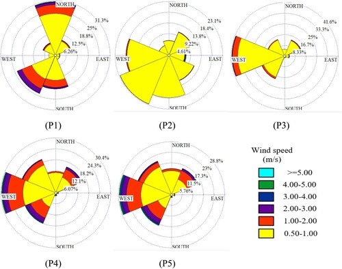 Figure 8. Directional distribution of mean wind power in the five selected sites (P1–P5) for the future period.