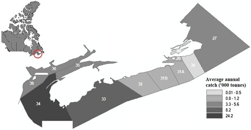Figure 1. Inshore lobster fishing areas (LFAs) in the Scotia-Fundy region of Canada. The shaded regions depict average annual landings in thousand tonnes for the years 2014–2018.