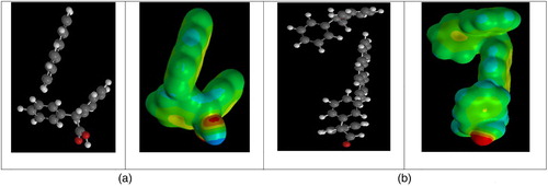 Figure 8. Binding models of diphenylacetic acid (entry 7) and phenanthrene. (a) in a 1:1 ratio (left); (b) in a 2:1 ratio (right). The red atoms represent the oxygen atoms in the carboxylic acids.