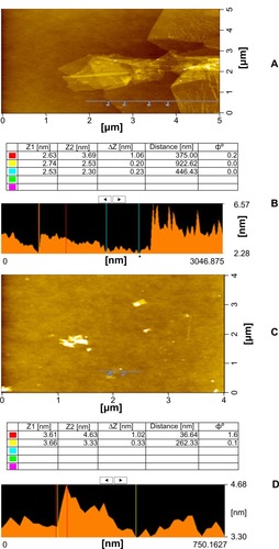 Figure 7 AFM images and height profiles of GO and TEA-rGO.Notes: (A) AFM images and (B) height profile of GO; (C) AFM images and (D) height profile of TEA-rGO.Abbreviations: AFM, atomic force microscopy; GO, graphene oxide; TEA-rGO, triethylamine-reduced graphene oxide.