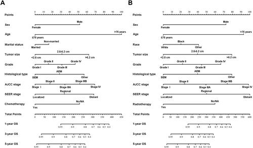 Figure 2 Nomogram predicting 1-, 3- and 5-year overall survival (OS) and cancer-specific (CSS) survival rate of patients with anal canal cancer. (A) Nomogram to predict 1-, 3- and 5-year OS for patients with anal canal cancer; (B) Nomogram to predict 1-, 3- and 5-year CSS for patients with anal canal cancer.