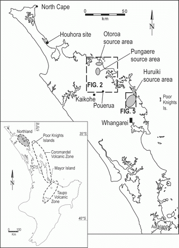 Figure 1  Map of Northland showing the location of obsidian sources and other places mentioned in the text. Inset: Obsidian source regions of the North Island, New Zealand.