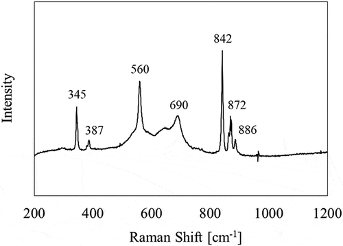 Figure 4. Raman spectrum of the deposits on the sampling coupon No. 9 (860 K)
