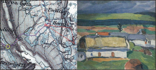 Figure 3. Identification of the location of the painting ‘Before the Storm’ (Jindřich Prucha) on the old map. (Yellow circle = home of the painter, purple line = path through the mountain ridge, red cross = position of painter, red line = view horizon). Sources: 3rd Military Survey © Geoinformatics Laboratory, University of J. E. Purkyne; © Ministry of Environment of the Czech Republic; Photograph © National Gallery in Prague (2017).