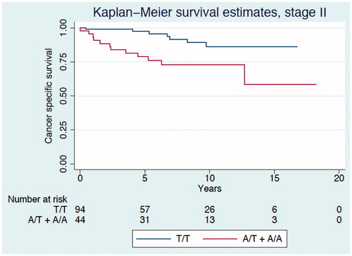 Figure 2. Kaplan–Meier curve describing cancer-specific survival estimates among CRC patients TNM stage II according to genotypes of the PLA2G4C gene polymorphism.
