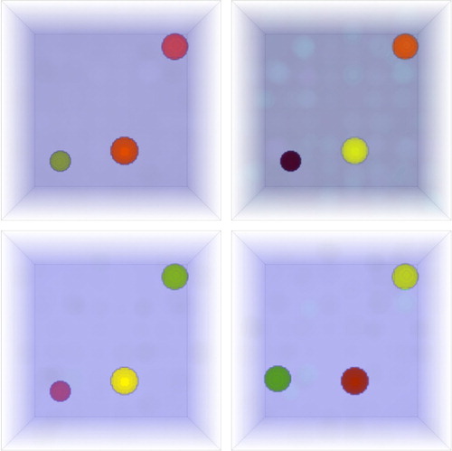 Figure 7. The real part of refined approximate solutions of the model inverse problem with noisy near field data. The values of the noise level are nl=0.1%, nl=0.25%, nl=0.4%, and nl=0.5%.