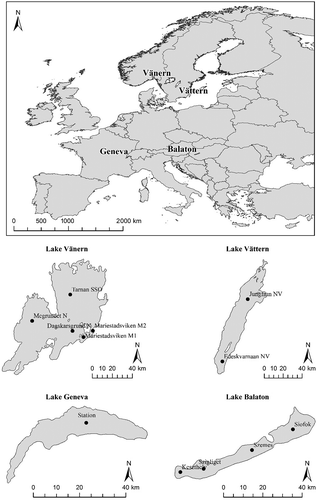 Figure 1. Geographic map of Europe showing the location of the four lakes, and maps of Lakes Geneva, Balaton, Vänern, and Vättern showing the location of the field sampling stations.