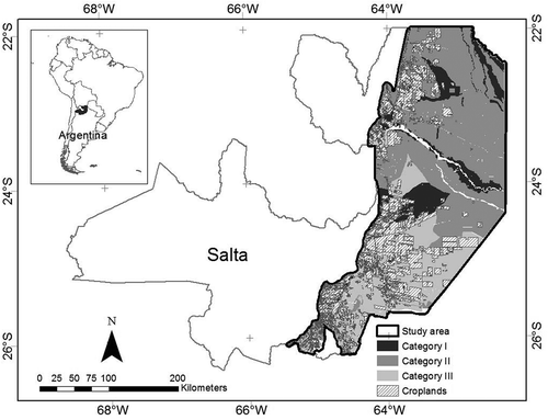 Figure 1. Study area: the Chaco region in the province of Salta, Northwestern Argentina. Conservation categories from the zoning map in different tones of gray.