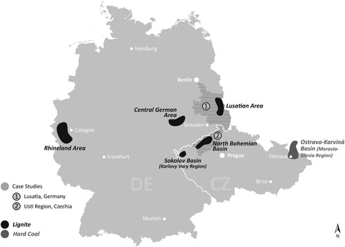 Figure 1. Location of the case studies and coal areas in Germany and Czechia.Source: Authors’ own map based on Eurostat (2019) and Euracoal (2020).