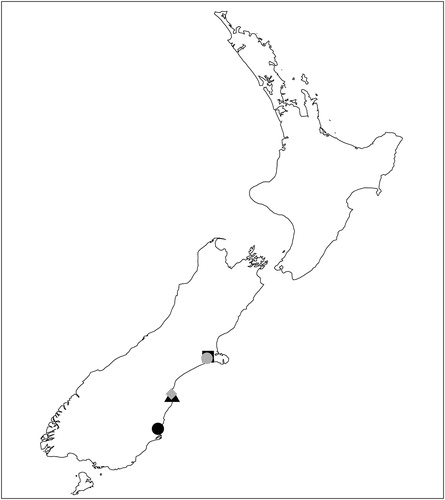 Figure 3. Locations of the five streams selected by whanau for the present study: Selwyn River (black square), Irwell River (grey circle) Buchannan’s Creek (black triangle), Merrys Stream (grey diamond), Waikouaiti River (black circle).