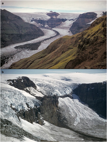 Figure 2. Ground photographs of Morsárjökull taken by Jack Ives in 1953: (a) the nunatak and backwall cliffs in the distance and the ogives and medial moraine and their relationship to the twin flow units of the glacier; (b) the ice falls and their relationship to the backwall cliffs and nunatak, showing the narrow connection of the west icefall to the valley glacier and the ice avalanches feeding the eastern ice flow unit.