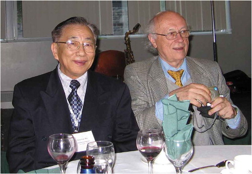Figure 3. Gottfried with Sherman Wu, another famous photogrammetrist involved in deep space mapping, holding his indispensable point & shoot camera that he always carries with him to take pictures at presentations and social events