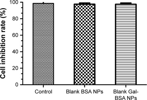 Figure 10 In vitro cytotoxicity of control, blank BSA NPs, and blank Gal-BSA NPs on HepG2 cells.Note: Each point represents the mean±SD (n=6).Abbreviations: BSA NPs, BSA nanoparticles; Gal-BSA NPs, galactosylated BSA nanoparticles.