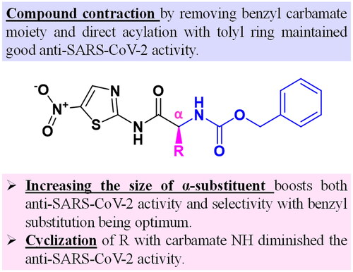 Figure 14. SAR summary for the synthesised N-(5-nitrothiazol-2-yl)-carboxamido derivatives as potential inhibitors of SARS-CoV-2 Mpro.