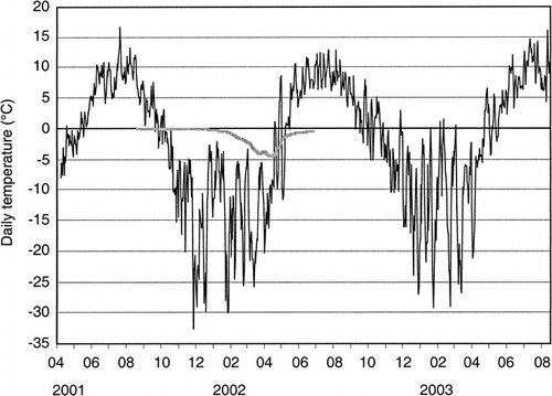 FIGURE 2. Daily shielded screen-height air temperatures (black line) and ground temperatures at 60 cm depth (gray line) on palsa 9, April 2001–August 2003. Measurements were made at hourly intervals using Onset Hobo Pro data-loggers equipped with external thermistors and averaged for each day. Note: ground temperature record ends in July 2002 when sensor cable was cut by animals