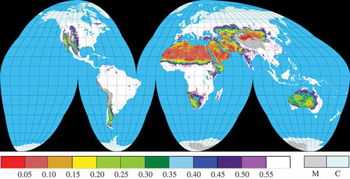 Figure 4. Geographical distribution of the long-term mean of NDVIymx for 1982–2001 (Pathfinder). M, mountainous areas higher than 3 km; C, cool and cold areas located further north/south than 55° N/55° S in latitude.