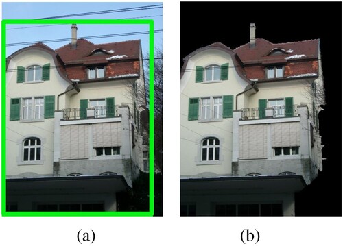 Figure 7. Illustration of interactive GrabCut. (a) Bounding box. (b) Extracted building.