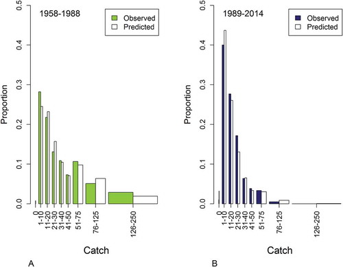 FIGURE 4. Observed (green and blue areas) and predicted (white areas) Walleye catch during (A) the preperturbation period and (B) the postperturbation period. The x-axis represents Walleye catches, aggregated across sites and years, into nine bins with ranges shown. Bar width scales with bin width.