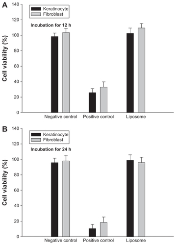 Figure 2 Viability of keratinocytes and fibroblast cells following treatment with pTT in the negative/positive control and liposomal suspensions after incubation for (A) 12 hours and (B) 24 hours.Note: Data are presented as the mean ± SD (n = 6).Abbreviation: SD, standard deviation.