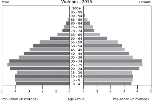 Figure 1. Vietnam population pyramid. Data from https://www.indexmundi.com/vietnam/age_structure.html