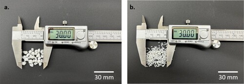 Figure 7. Masterbatches after being processed into fragments in preparation for filament fabrication: (a) solvent-mixed; (b) melt-mixed.