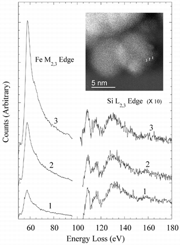FIG. 9 EELS spectra from the edge of a 5 nm particle. The exponentially decreasing energy-loss background has been removed from both edges shown, allowing qualitative comparison of the Si/Fe ratio with analysis position. Spectra from positions 1–3 are vertically offset to allow easier comparison.