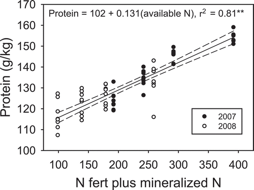 Figure 1. Relationship between N additions (N fertilizer + mineralized N) and protein content over 2 years.
