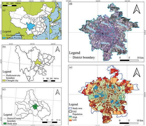 Figure 1. Study area. (a) to (c) on the left show the location of the study area at the national, provincial and municipal scales in a progressive manner, (d) shows the satellite image and administrative division of the study area, and (e) shows the results of the TAZ segmentation.