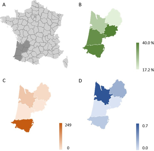 Figure 2 Pulmonary rehabilitation disparities according to department. (A) Region of interest. (B) PR uptake, (C) Number of PR beds by department, (D) Ratio of number of patients admitted to PR and number of bed available).