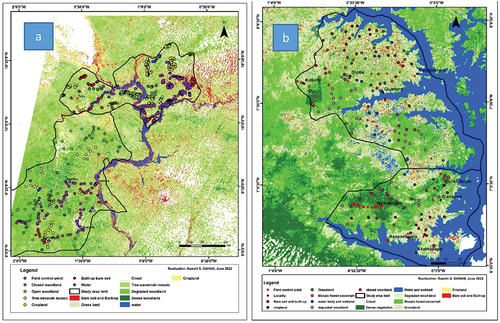 Figure 2. LULC of Guinea-savannah (a) and Forest-savannah mosaic (b)zones using IMPACT toolbox.