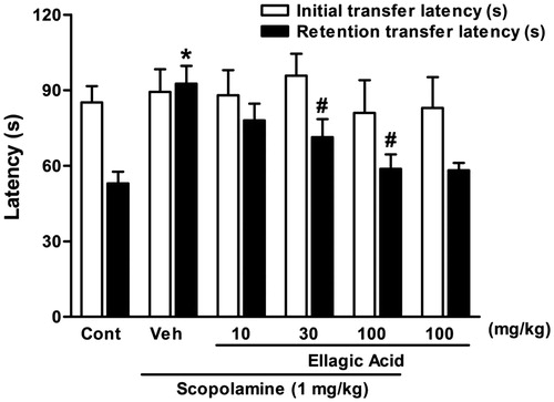 Figure 1. Effect of a single administration of ellagic acid (EA) on scopolamine-induced cognitive impairment using elevated plus maze paradigm. EA (10, 30 and 100 mg/kg, i.p.) or vehicle (Veh) were administered to mice 30 min before the acquisition trials. Memory impairment was induced by scopolamine treatment (0.4 mg/kg, i.p.). Acquisition trials were carried out 30 min after scopolamine treatment. Retention trials were carried out for 5 min 24 h after the acquisition trials. Data represent means ± SEM (n = 8 in each group). *versus the vehicle control group, #versus the scopolamine-treated group (one-way ANOVA followed by Dunnett's test).