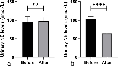 Figure 2 Excretion of NE in the urine of rats before and after sympathetic nerve blockade in the unblocked and blocked groups (, n = 24). (a) Unblock groups (II and IV) (b) Block groups (I and III). ns P>0.05, ****P < 0.0001.