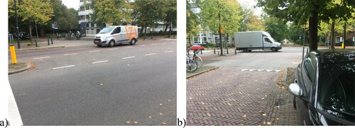 Figure 2. The corner between (a) Huis te Landelaan, a fast street, and (b) Van Vredenburchweg, a slow street, in Rijswijk, The Netherlands.