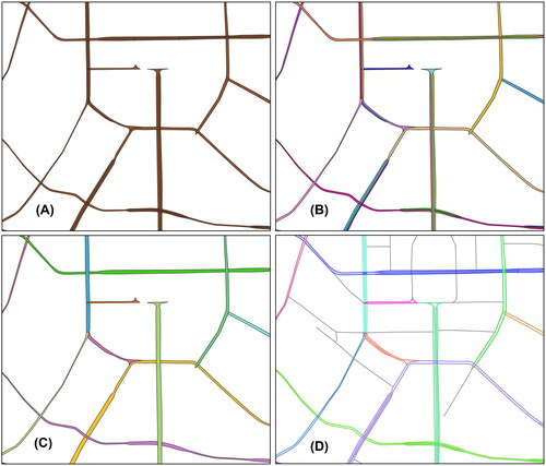 Figure 13. The implementation process of BGRC in Chengdu dataset. The multilane road meshes (subfigure (a)) are first clustered and merged using algorithm A (subfigure (B)), and then processed by algorithm B (subfigure (C)). the object-level extraction results of multilane roads are represented in subfigure (C) by various colors.