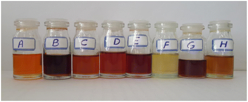 Figure 7. Coloured compounds: (A) Lawsone, (B) LA, (C) HLA, (D) PALA, (E) PMLA, (F) PAN, (G) PANLA1, (H) PANLA2.