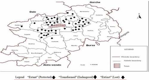 Figure 4. Distribution and conservational state of SNS in studied localities, July 2012-Jan 2013, Wonsho, Sidama, Ethiopia (Base map source: Sidama Zone- Agriculture and Natural Resource Department, March 2012, Hawassa, Ethiopia) Integrate this in the main map.