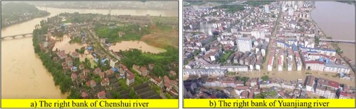 Figure 2. The flood inundation picture of: (a) the right bank of Chenshui River in the 2016 flood; and (b) the right bank of Yuanjiang River in the 2017 flood.