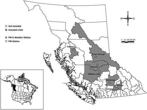 Figure 1. The locations of the particulate matter and temperature monitoring stations in the interior of British Columbia, Canada, as well as the boundaries of the local health areas (LHAs) included in this study.