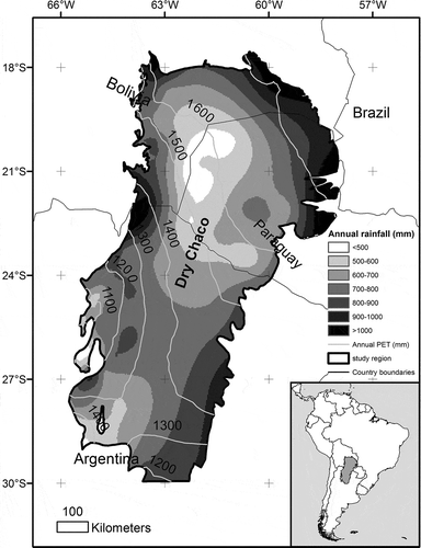 Figure 1. Map of the study region, showing the distribution of the South American Dry Chaco. Mean annual rainfall (in mm, grey shaded area) and mean annual potential evapotranspiration (in mm, PET, white isolines) are shown. Climatic data (1959–2002) were obtained from a 30-minute meteorological database (CRU-UEA, New, Lister, Hulme, & Makin, 2002).